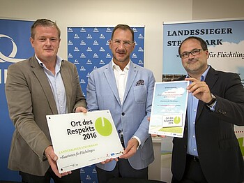 Gerfried Rainer, Caritas Steiermark; Johannes Rumpl, Landesdirektor UNIQA Steiermark; Roland Wadl, Vorstand Verein Respekt.net und Jury-Mitglied "Orte des Respekts"
