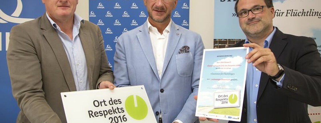 Gerfried Rainer, Caritas Steiermark; Johannes Rumpl, Landesdirektor UNIQA Steiermark; Roland Wadl, Vorstand Verein Respekt.net und Jury-Mitglied "Orte des Respekts"
